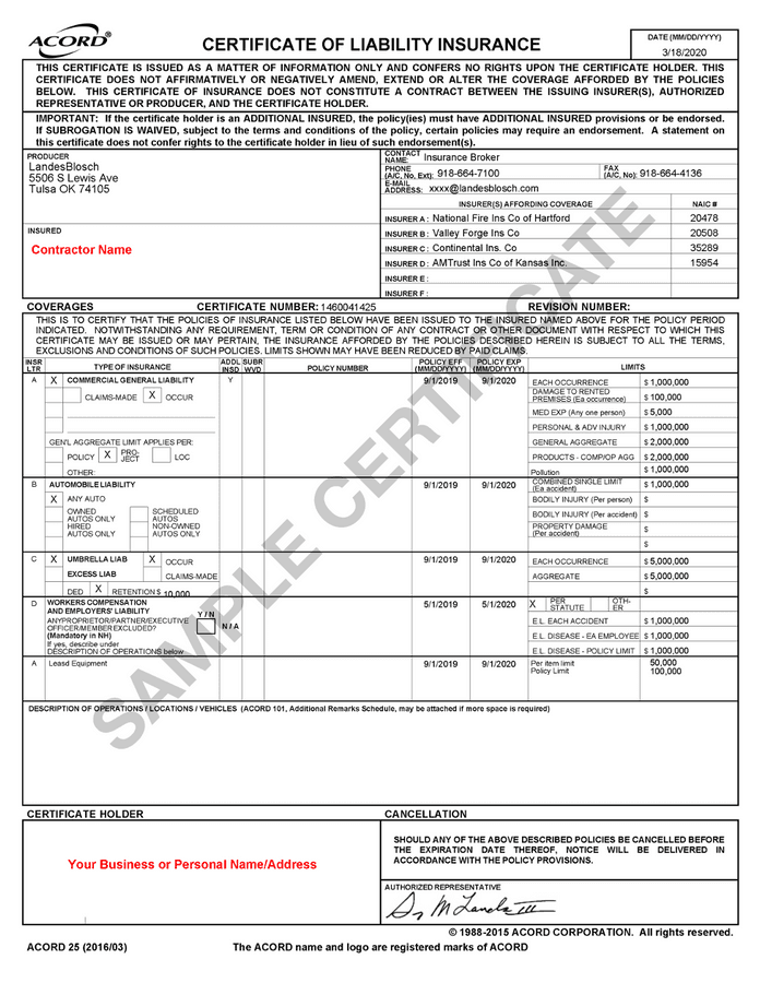 Sample image of a Certificate of Liability Insurance displaying coverage details and policy limits.