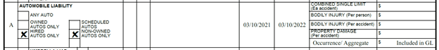 Snapshot of the 'Automobile Liability' section on a Certificate of Liability Insurance, with "Hired Autos Only" and "Non-Owned Autos Only" options checked.